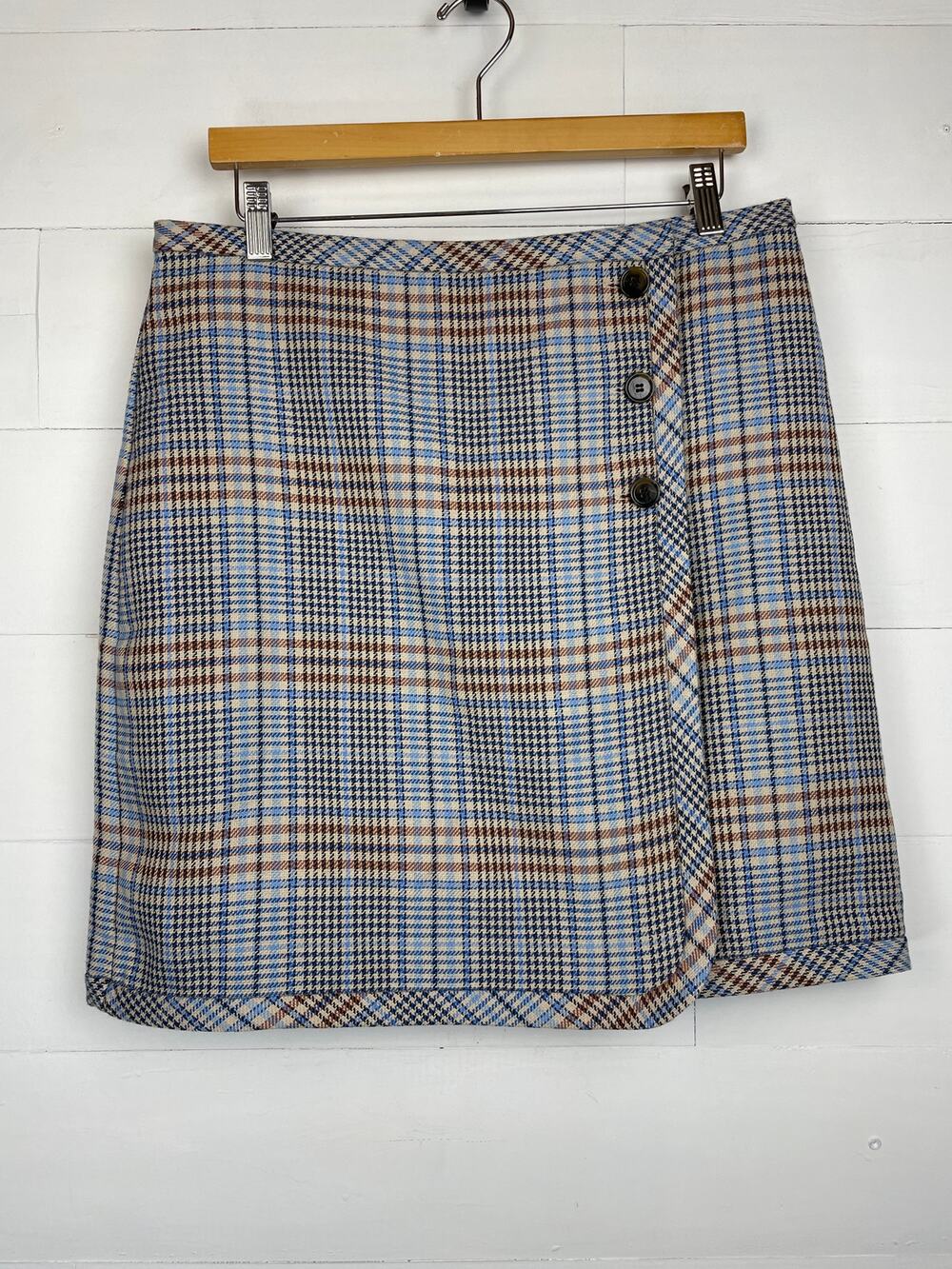 NWT Talbots Plaid Faux Wrap Skirt Size 8 Blue Tan Tweed Button Lined A-Line Mini